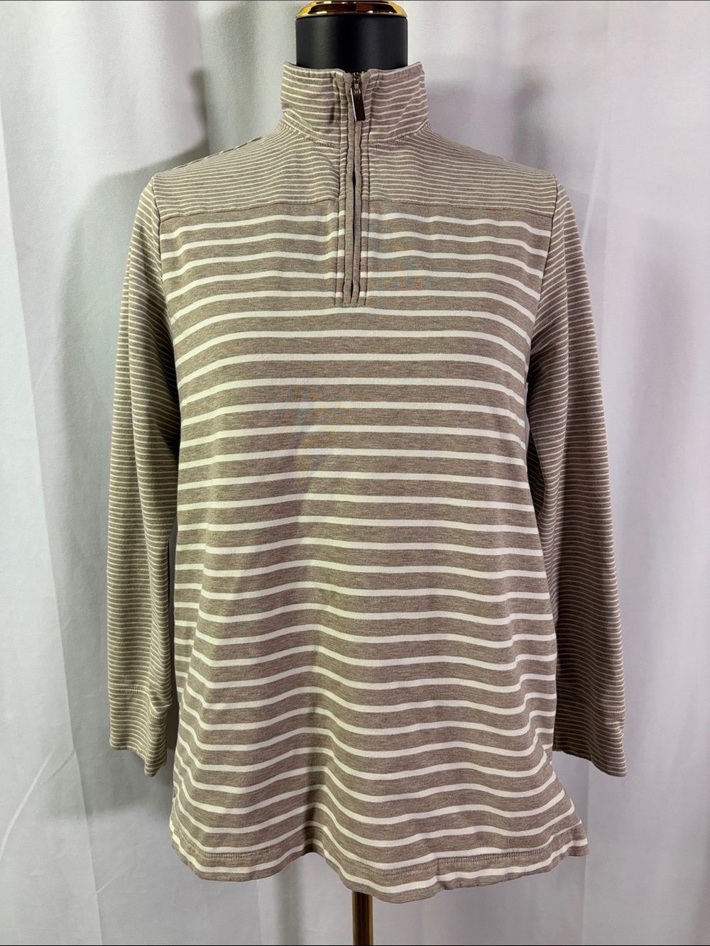 Lands’ End Taupe & White Striped Long Sleeve Half Zip Pullover